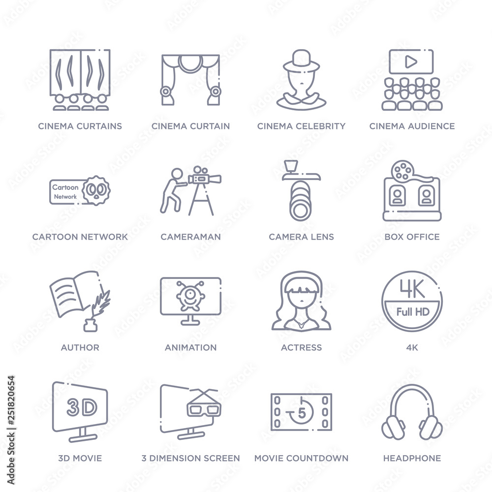set of 16 thin linear icons such as headphone, movie countdown, 3 dimension screen, 3d movie, 4k, actress, animation from cinema collection on white background, outline sign icons or symbols set of 16 thin linear icons such as headphone, movie countdown, 3 dimension screen, 3d movie, 4k, actress, animation from cinema collection on white background, outline sign icons or symbols