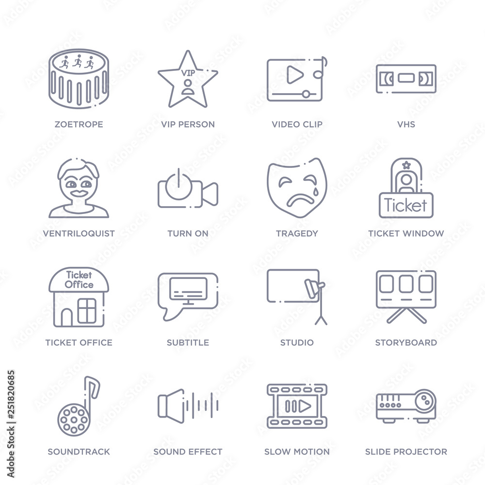 set of 16 thin linear icons such as slide projector, slow motion, sound effect, soundtrack, storyboard, studio, subtitle from cinema collection on white background, outline sign icons or symbols