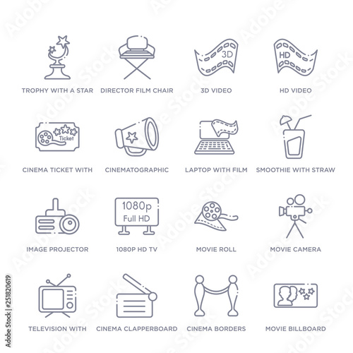 set of 16 thin linear icons such as movie billboard, cinema borders, cinema clapperboard, television with antenna, movie camera, movie roll, 1080p hd tv from cinema collection on white background,