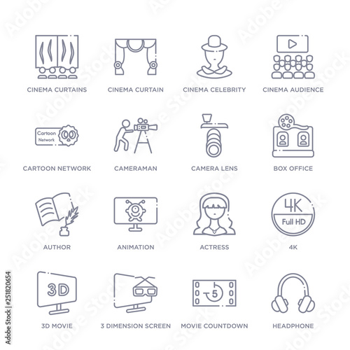 set of 16 thin linear icons such as headphone, movie countdown, 3 dimension screen, 3d movie, 4k, actress, animation from cinema collection on white background, outline sign icons or symbols