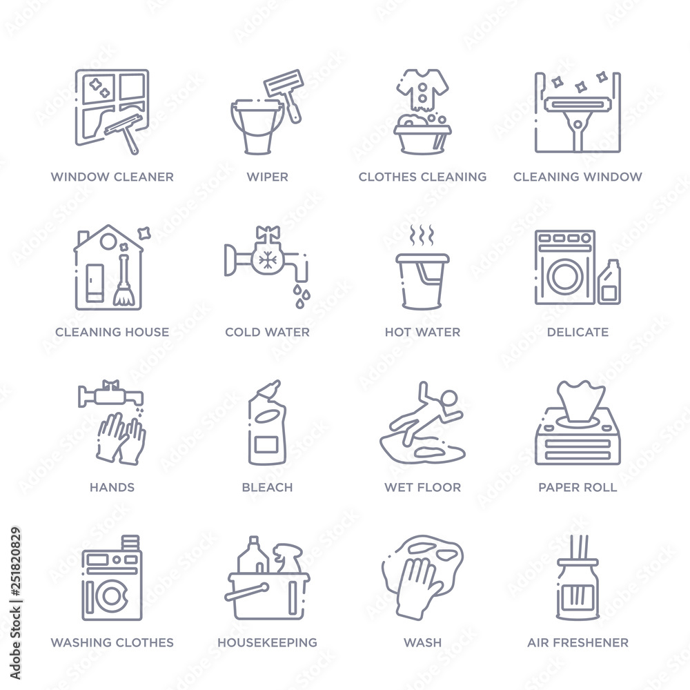 set of 16 thin linear icons such as air freshener, wash, housekeeping, washing clothes, paper roll, wet floor, bleach from cleaning collection on white background, outline sign icons or symbols set of 16 thin linear icons such as air freshener, wash, housekeeping, washing clothes, paper roll, wet floor, bleach from cleaning collection on white background, outline sign icons or symbols