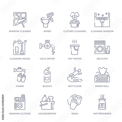set of 16 thin linear icons such as air freshener, wash, housekeeping, washing clothes, paper roll, wet floor, bleach from cleaning collection on white background, outline sign icons or symbols