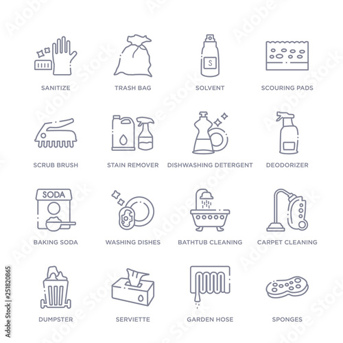 set of 16 thin linear icons such as sponges, garden hose, serviette, dumpster, carpet cleaning, bathtub cleaning, washing dishes from cleaning collection on white background, outline sign icons or