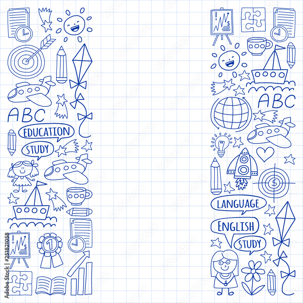 Vector set of learning English language, children's drawingicons icons in doodle style. Painted, drawn with a pen, on a sheet of checkered paper on a white background.