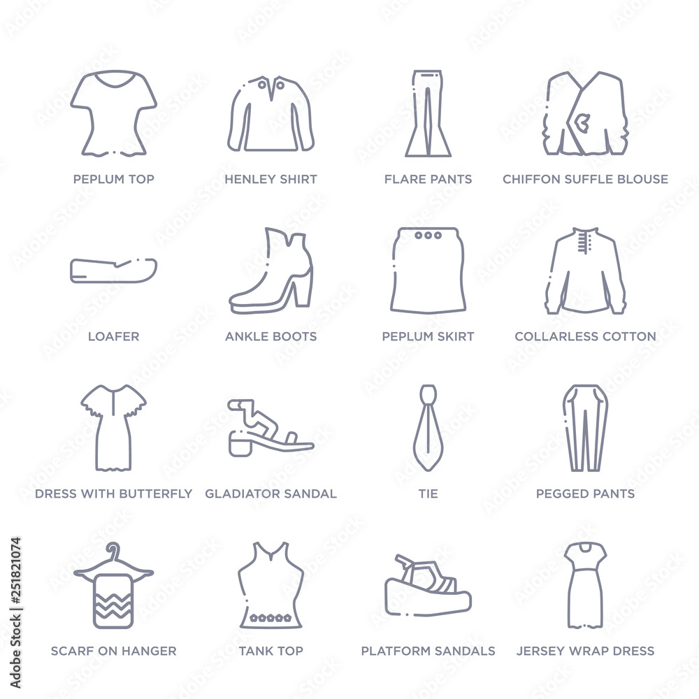 set of 16 thin linear icons such as jersey wrap dress, platform sandals, tank top, scarf on hanger, pegged pants, tie, gladiator sandal from clothes collection on white background, outline sign set of 16 thin linear icons such as jersey wrap dress, platform sandals, tank top, scarf on hanger, pegged pants, tie, gladiator sandal from clothes collection on white background, outline sign