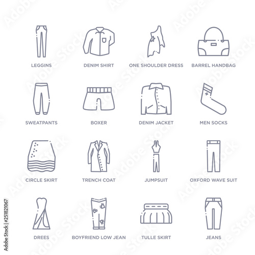 set of 16 thin linear icons such as jeans, tulle skirt, boyfriend low jean, drees, oxford wave suit pants, jumpsuit, trench coat from clothes collection on white background, outline sign icons or