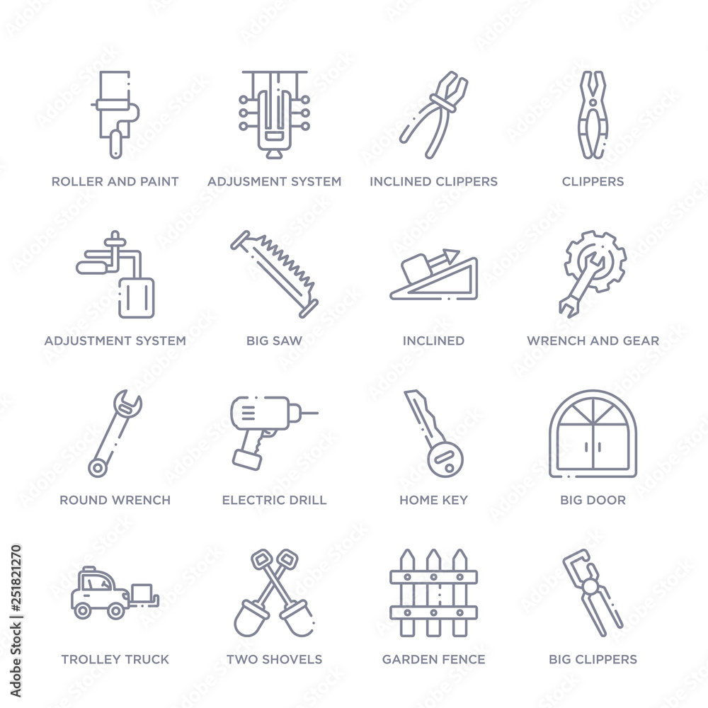 set of 16 thin linear icons such as big clippers, garden fence, two shovels, trolley truck, big door, home key, electric drill from construction collection on white background, outline sign icons or set of 16 thin linear icons such as big clippers, garden fence, two shovels, trolley truck, big door, home key, electric drill from construction collection on white background, outline sign icons or