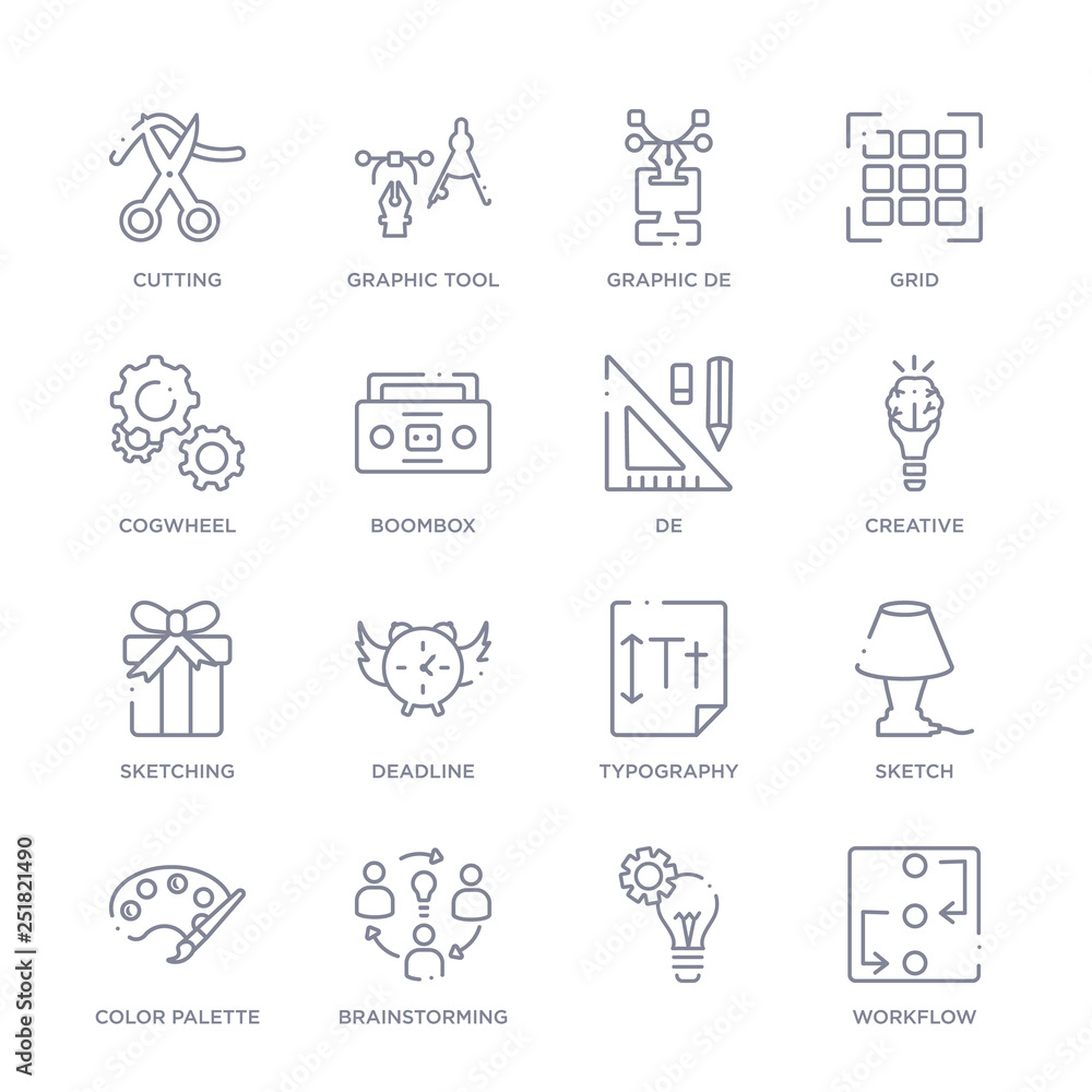 set of 16 thin linear icons such as workflow, , brainstorming, color palette, sketch, typography, deadline from creative process collection on white background, outline sign icons or symbols set of 16 thin linear icons such as workflow, , brainstorming, color palette, sketch, typography, deadline from creative process collection on white background, outline sign icons or symbols