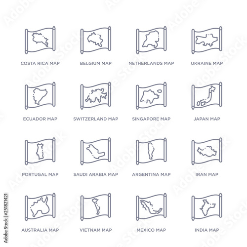 set of 16 thin linear icons such as india map, mexico map, vietnam map, australia iran argentina saudi arabia map from countrymaps collection on white background, outline sign icons or symbols