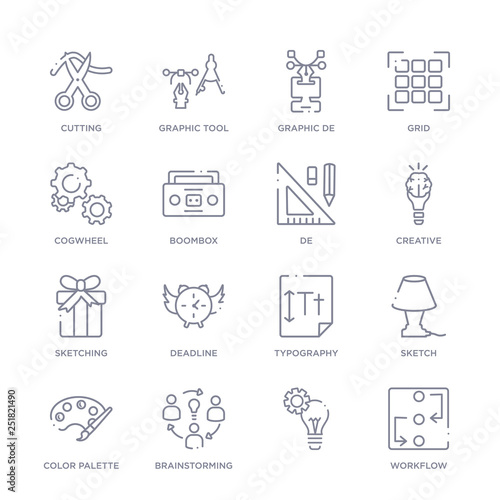 set of 16 thin linear icons such as workflow, , brainstorming, color palette, sketch, typography, deadline from creative process collection on white background, outline sign icons or symbols