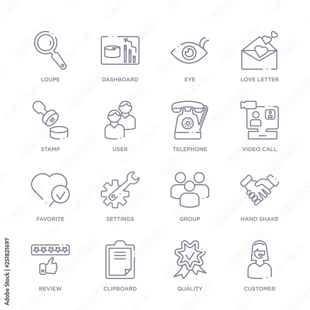 set of 16 thin linear icons such as customer, quality, clipboard, review, hand shake, group, settings from customer service collection on white background, outline sign icons or symbols set of 16 thin linear icons such as customer, quality, clipboard, review, hand shake, group, settings from customer service collection on white background, outline sign icons or symbols