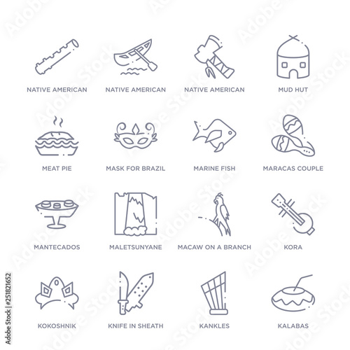 set of 16 thin linear icons such as kalabas, kankles, knife in sheath, kokoshnik, kora, macaw on a branch, maletsunyane from culture collection on white background, outline sign icons or symbols