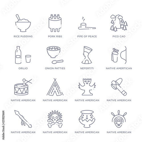 set of 16 thin linear icons such as native american mask, native american pot, native american skull, spear, tomahawk, totem, wigwam from culture collection on white background, outline sign icons