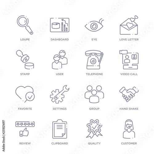 set of 16 thin linear icons such as customer, quality, clipboard, review, hand shake, group, settings from customer service collection on white background, outline sign icons or symbols