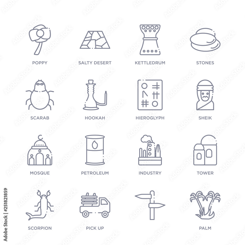 set of 16 thin linear icons such as palm, , pick up, scorpion, tower, industry, petroleum from desert collection on white background, outline sign icons or symbols set of 16 thin linear icons such as palm, , pick up, scorpion, tower, industry, petroleum from desert collection on white background, outline sign icons or symbols
