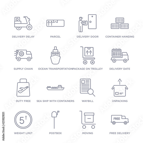 set of 16 thin linear icons such as free delivery, moving, postbox, weight limit, unpacking, waybill, sea ship with containers from delivery and logistic collection on white background, outline sign