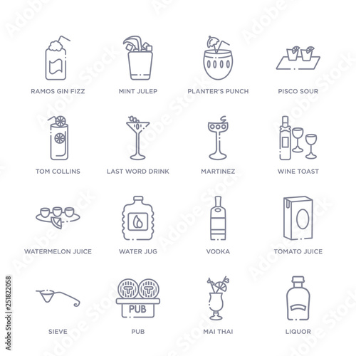 set of 16 thin linear icons such as liquor, mai thai, pub, sieve, tomato juice, vodka, water jug from drinks collection on white background, outline sign icons or symbols