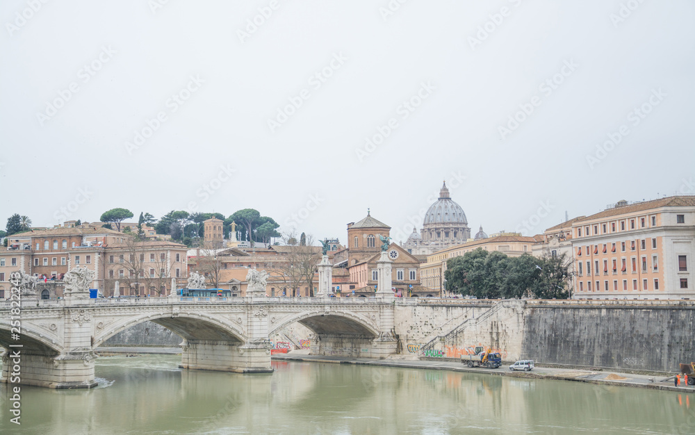 Rome, Italy. Bridge and Castel Sant Angelo and Tiber River. Famous world landmark. Tiber river.