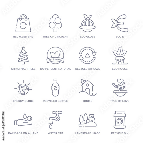 set of 16 thin linear icons such as recycle bin, landscape image, water tap, raindrop on a hand, tree of love, house, recycled bottle from ecology collection on white background, outline sign icons