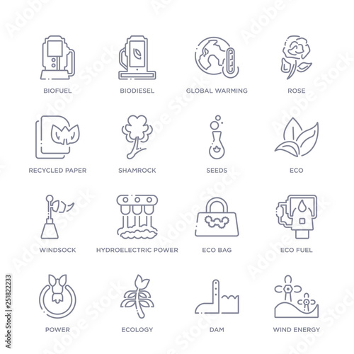 set of 16 thin linear icons such as wind energy, dam, ecology, power, eco fuel, eco bag, hydroelectric power station from ecology collection on white background, outline sign icons or symbols