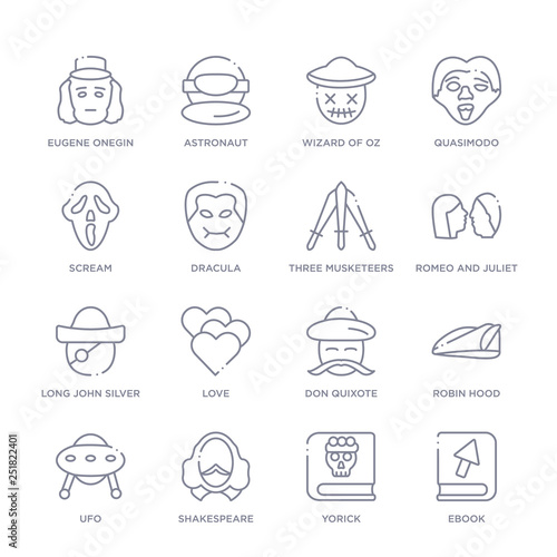 set of 16 thin linear icons such as ebook, yorick, shakespeare, ufo, robin hood, don quixote, love from education collection on white background, outline sign icons or symbols photo