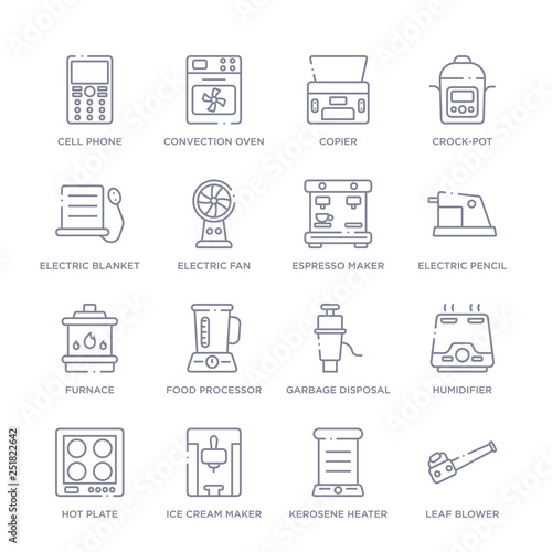 set of 16 thin linear icons such as leaf blower, kerosene heater, ice cream maker, hot plate, humidifier, garbage disposal, food processor from electronic devices collection on white background,