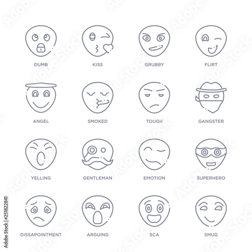 set of 16 thin linear icons such as smug, sca, arguing, dissapointment, superhero, emotion, gentleman from emotions collection on white background, outline sign icons or symbols