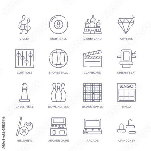 set of 16 thin linear icons such as air hockey, arcade, arcade game, billiards, bingo, board games, bowling pins from entertainment and arcade collection on white background, outline sign icons or