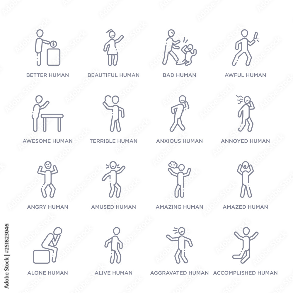 set of 16 thin linear icons such as accomplished human, aggravated human, alive human, alone amazed amazing amused human from feelings collection on white background, outline sign icons or symbols set of 16 thin linear icons such as accomplished human, aggravated human, alive human, alone amazed amazing amused human from feelings collection on white background, outline sign icons or symbols