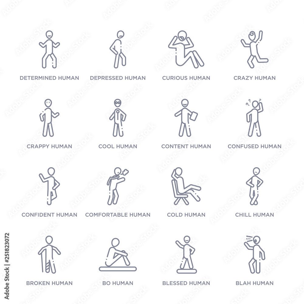 set of 16 thin linear icons such as blah human, blessed human, bo human, broken chill cold comfortable human from feelings collection on white background, outline sign icons or symbols set of 16 thin linear icons such as blah human, blessed human, bo human, broken chill cold comfortable human from feelings collection on white background, outline sign icons or symbols