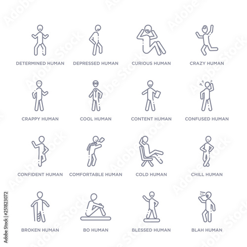 set of 16 thin linear icons such as blah human, blessed human, bo human, broken chill cold comfortable human from feelings collection on white background, outline sign icons or symbols