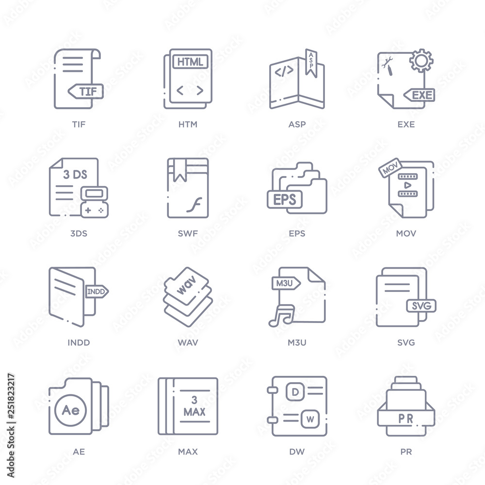 set of 16 thin linear icons such as pr, dw, max, ae, svg, m3u, wav from file type collection on white background, outline sign icons or symbols