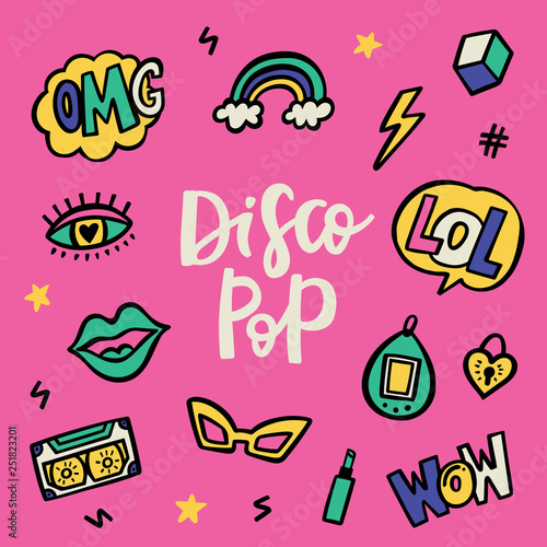 Disco pop 90's stile doodle sticker set