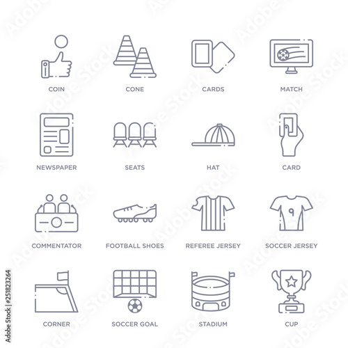 set of 16 thin linear icons such as cup, stadium, soccer goal, corner, soccer jersey, referee jersey, football shoes from football collection on white background, outline sign icons or symbols photo