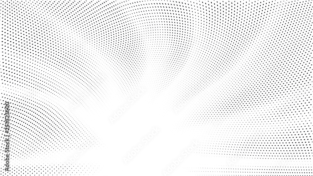 Halftone gradient sun rays pattern. Abstract halftone dots background. Monochrome dots pattern. Pop Art, Comic small dots. Star rays halftone poster. Shine, explosion. Wave space, rays twisted vector