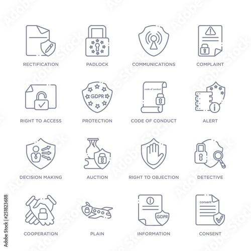 set of 16 thin linear icons such as consent, information, plain, cooperation, detective, right to objection, auction from gdpr collection on white background, outline sign icons or symbols