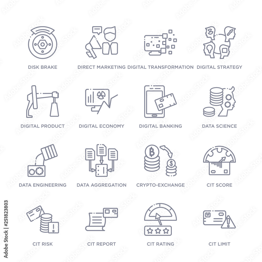 set of 16 thin linear icons such as cit limit, cit rating, cit report, risk, score, crypto-exchange, data aggregation from general collection on white background, outline sign icons or symbols set of 16 thin linear icons such as cit limit, cit rating, cit report, risk, score, crypto-exchange, data aggregation from general collection on white background, outline sign icons or symbols