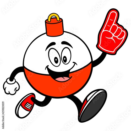 Fishing Bobber Mascot running with a Foam Finger - A vector cartoon illustration of a red and white Fishing Bobber mascot running with a Foam Hand.