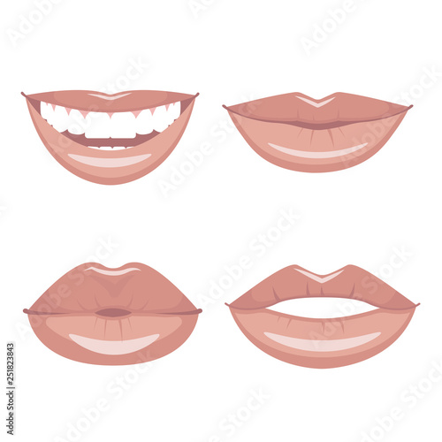 Set of vector lips. Various types of woman lips. Broad smile with teeth, slight smile and kissing lips.