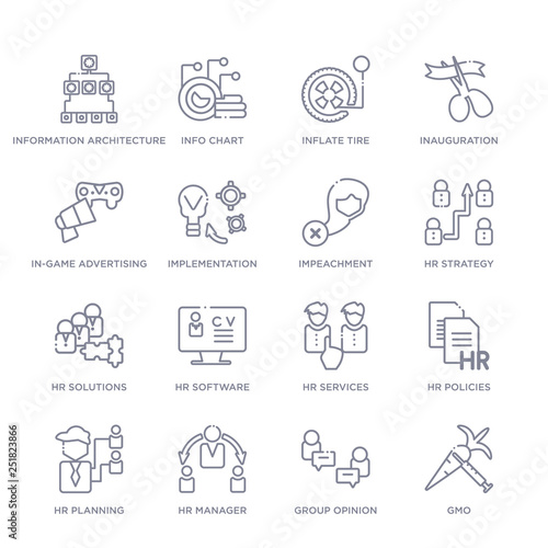 set of 16 thin linear icons such as gmo, group opinion, hr manager, hr planning, hr policies, services, software from general collection on white background, outline sign icons or symbols
