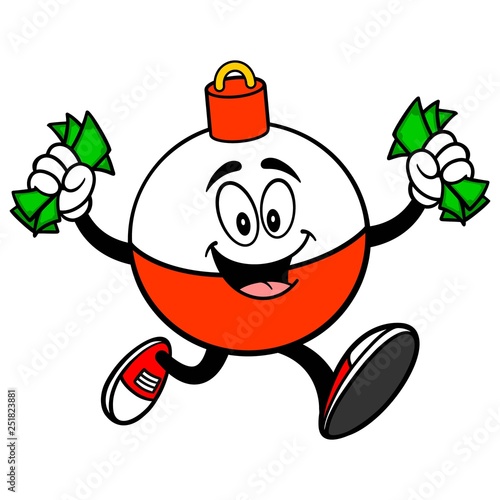 Fishing Bobber Mascot running with Money - A vector cartoon illustration of a red and white Fishing Bobber mascot running with Money.