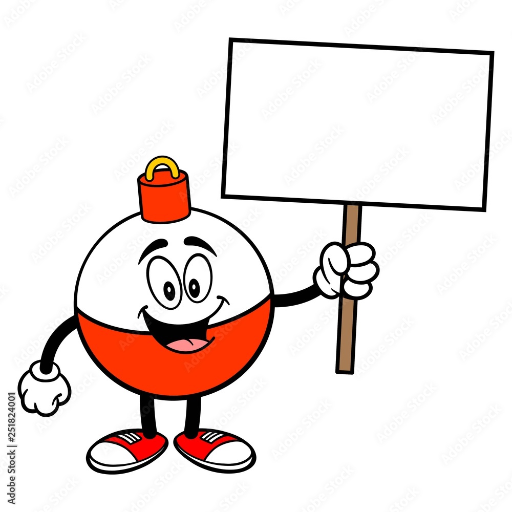 Fishing Bobber Mascot with a Sign - A vector cartoon illustration of a red  and white Fishing Bobber mascot holding a blank Sign. Stock Vector