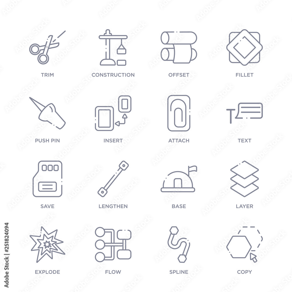 set of 16 thin linear icons such as copy, spline, flow, explode, layer, base, lengthen from geometry collection on white background, outline sign icons or symbols set of 16 thin linear icons such as copy, spline, flow, explode, layer, base, lengthen from geometry collection on white background, outline sign icons or symbols