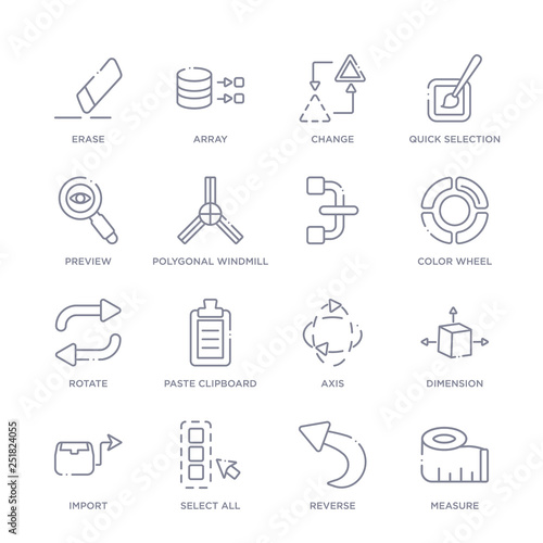 set of 16 thin linear icons such as measure, reverse, select all, import, dimension, axis, paste clipboard from geometry collection on white background, outline sign icons or symbols
