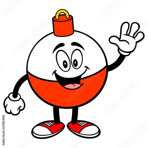 Fishing Bobber Mascot Waving - A vector cartoon illustration of a red and white Fishing Bobber mascot waving.