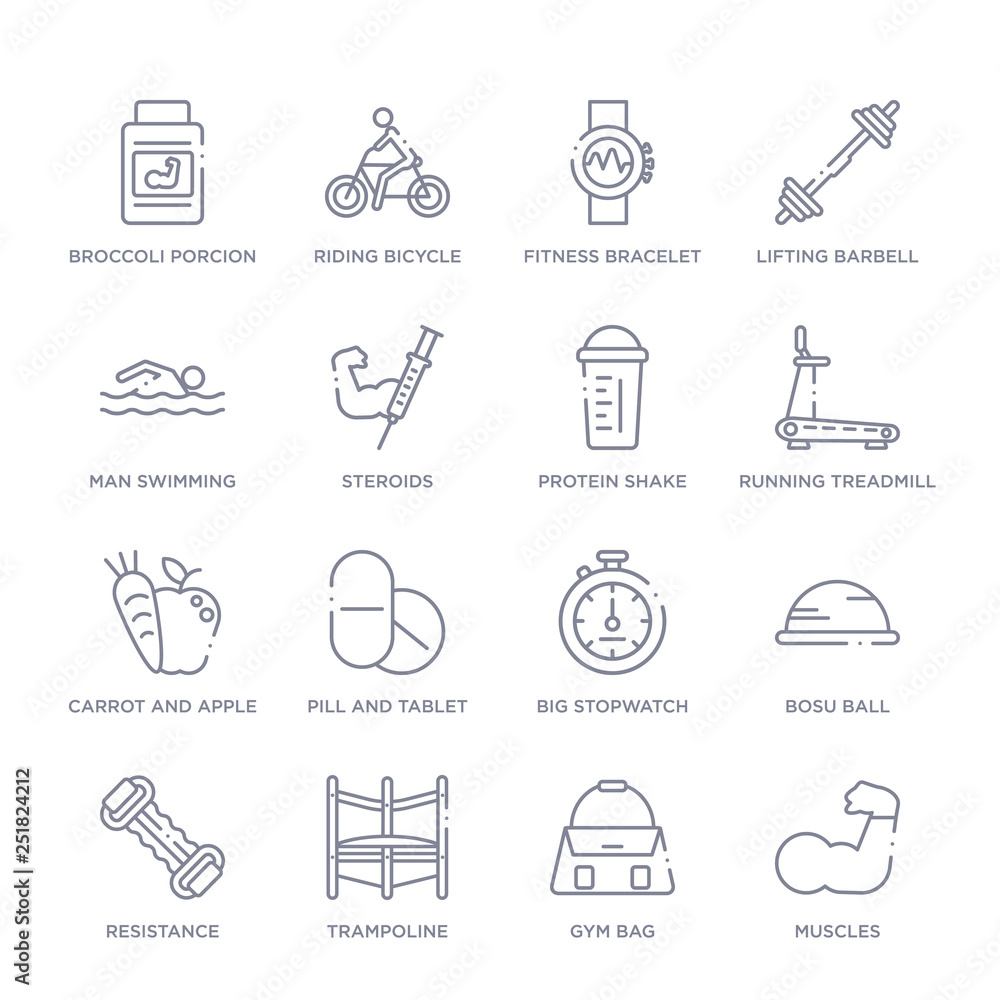 Fototapeta premium set of 16 thin linear icons such as muscles, gym bag, trampoline, resistance, bosu ball, big stopwatch, pill and tablet from gym and fitness collection on white background, outline sign icons or