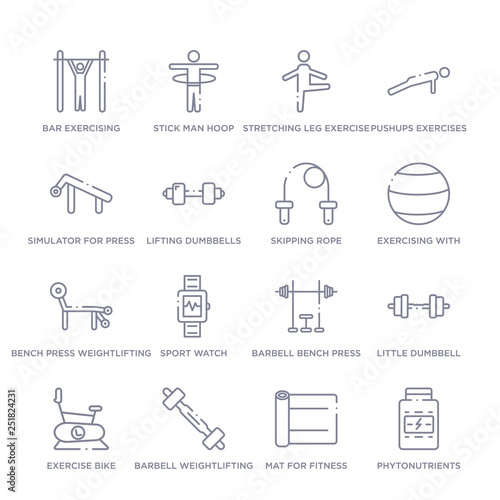 set of 16 thin linear icons such as phytonutrients, mat for fitness, barbell weightlifting, exercise bike, little dumbbell, barbell bench press, sport watch from gym and fitness collection on white