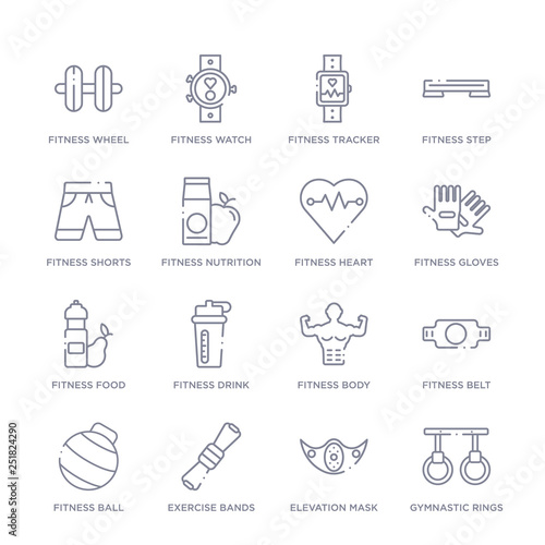 set of 16 thin linear icons such as gymnastic rings, elevation mask, exercise bands, fitness ball, fitness belt, fitness body, drink from gym and collection on white background, outline sign icons