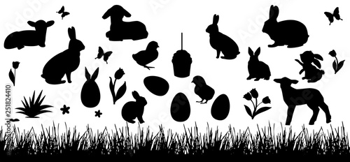Set of easter animals. Silhouettes of rabbits  chicks and lambs