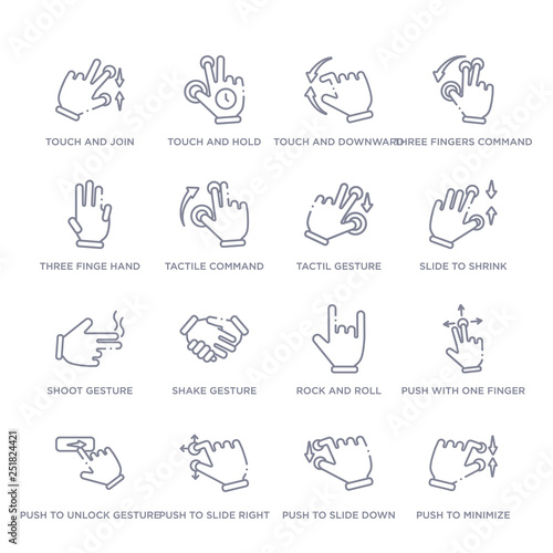set of 16 thin linear icons such as push to minimize gesture, push to slide down, push to slide right and left gesture, unlock gesture, with one finger slide, rock and roll, shake gesture from hands